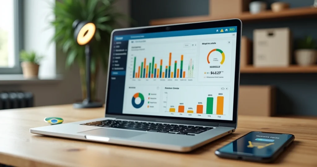 Gráfico de CAC em alta em tela de notebook com loja virtual ao fundo