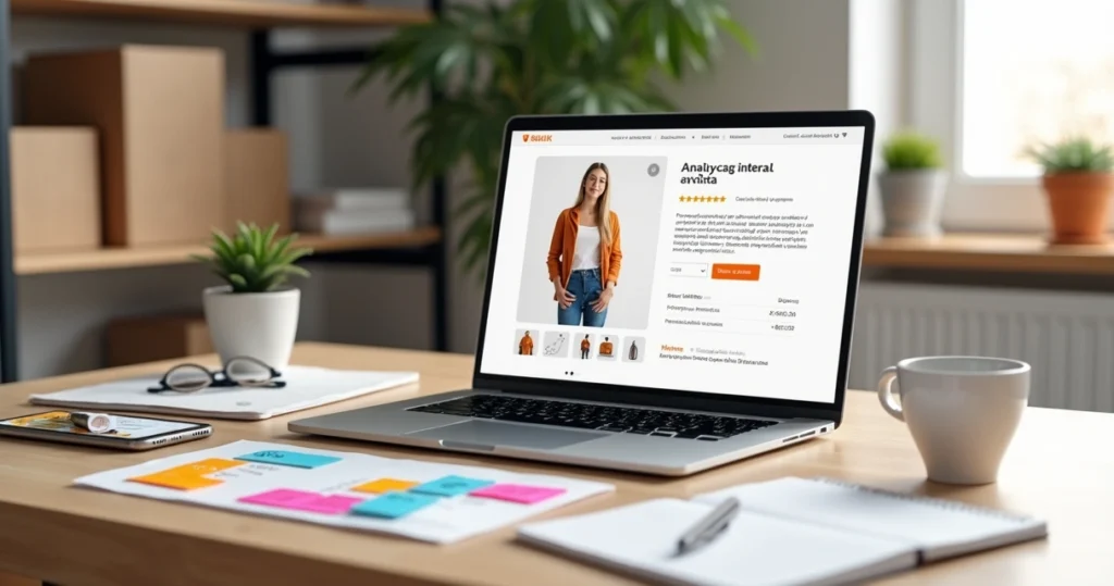 Tela de notebook com loja virtual e texto de vendas em destaque sobre mesa de trabalho