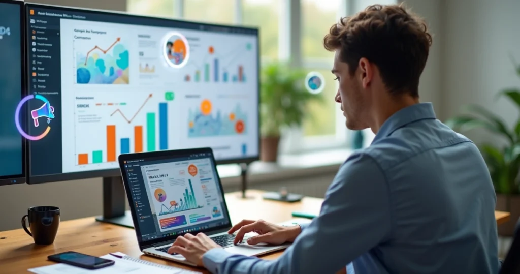 Empreendedor criando anúncio online no notebook com gráficos de desempenho ao fundo