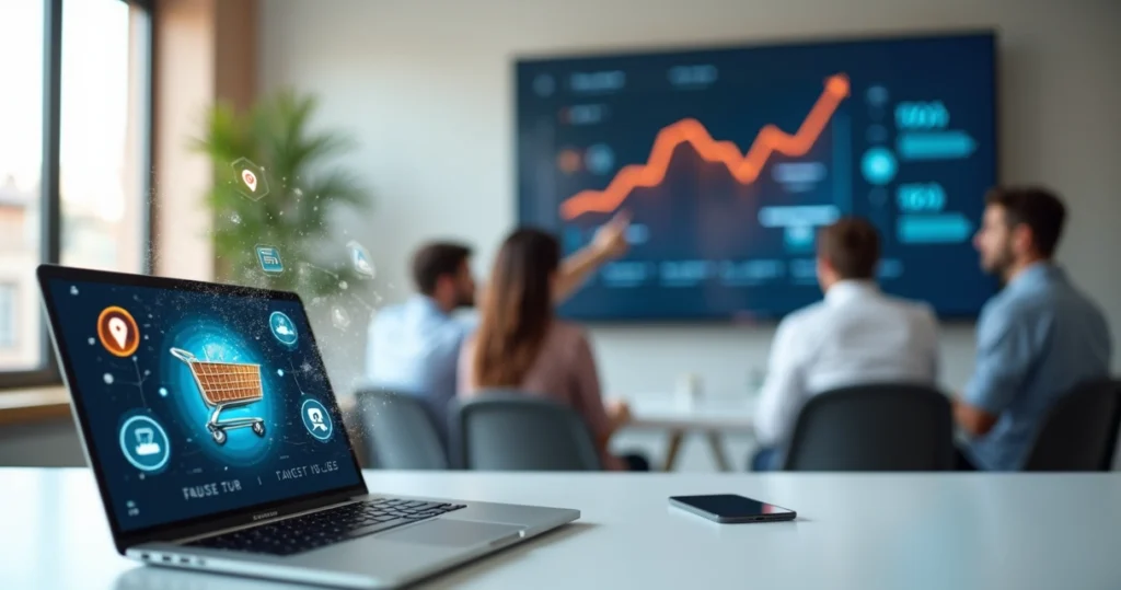 Tela de laptop com loja virtual B2C e consumidores comprando online