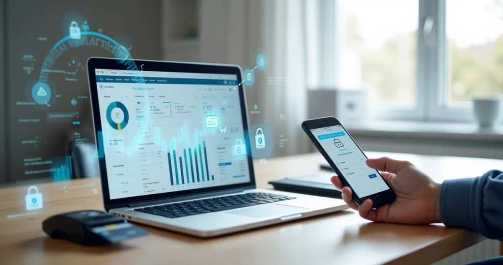 Painel de gateway de pagamento em loja virtual no notebook com cartão e smartphone ao lado