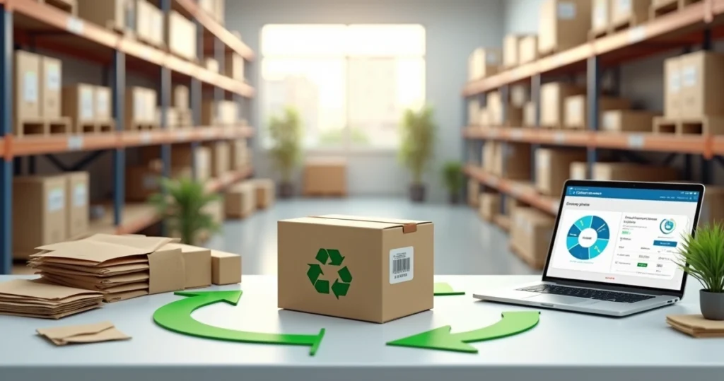 Conceito de logística reversa em e-commerce com caixas, setas circulares e símbolos de reciclagem